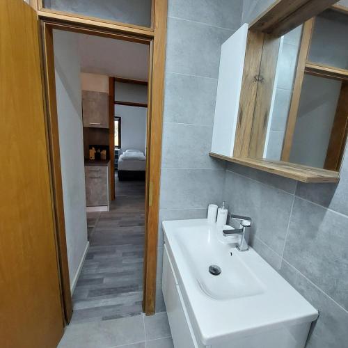a bathroom with a white sink and a mirror at Ruheoase im Südschwarzwald in Albbruck