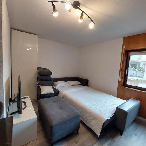 a bedroom with a bed and a desk and a tv at Ruheoase im Südschwarzwald in Albbruck