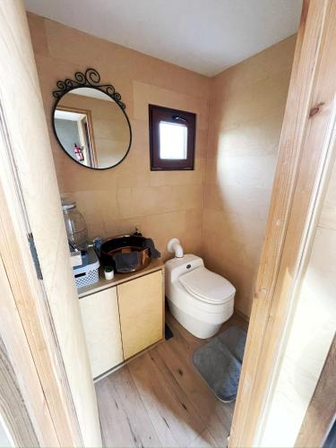 a small bathroom with a toilet and a mirror at Glampeak Adamov in Adamov