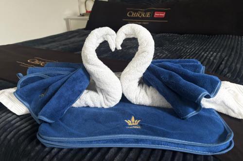 two towels with swans on top of a bed at DE WEELEN met Jacuzzi en of Zwembad Topkeuze Romantiek in Lutjebroek