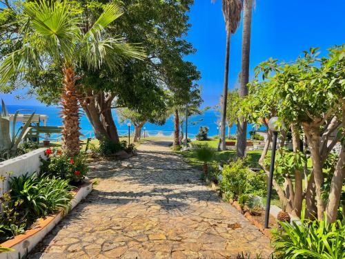a path through the beach with palm trees at Residence Araba Fenice Tropea in Tropea