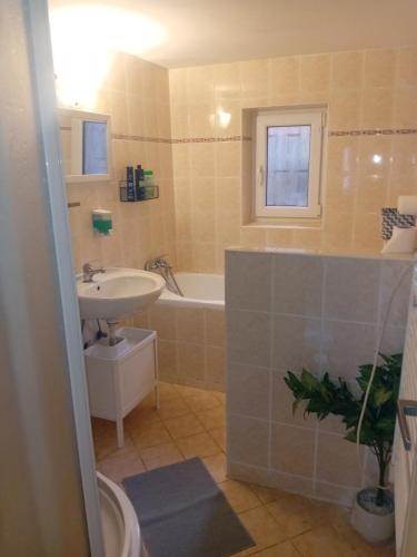 a bathroom with a sink and a bath tub at Rekreační chata Kocába in Štěchovice