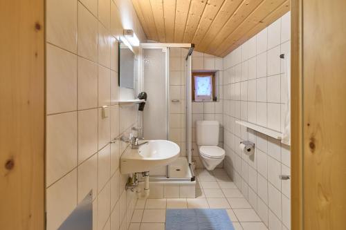 a white bathroom with a sink and a toilet at Haus Muster - Hochmontafon in Partenen