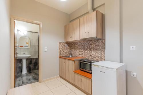 a small kitchen with a sink and a refrigerator at Iliovasilema Hotel in Mytikas