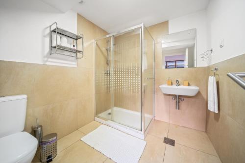 a bathroom with a shower and a toilet and a sink at Funchal Paradise in Funchal