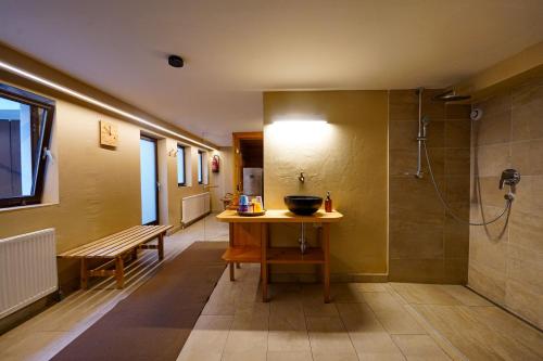 a bathroom with a sink and a shower and a bench at Hotel Sonnhof in Innsbruck
