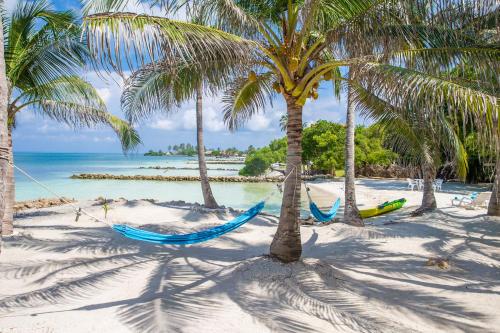 two hammocks on a beach with palm trees at Tintipan Cabana SalSiPuedes in Tintipan Island