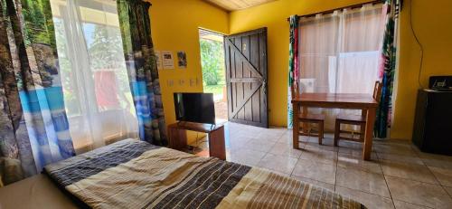 a bedroom with a bed and a desk and a television at Rusticas Dani in Tanque