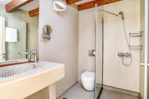 a bathroom with a shower and a toilet at Villa Beatris Seastone by Villa Plus in Kiotari