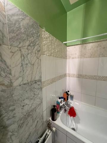a bathroom with a green ceiling and a marble shower at Eiffel Tower view & Swimming Pool, Cosy appartment - Center in Paris