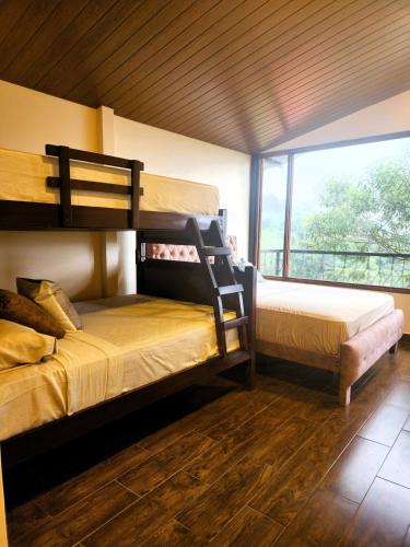 two bunk beds in a room with a window at Suite relax entre naturaleza y piscina en Tulipe in El Porvenir