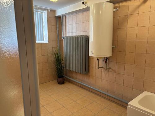 a bathroom with a radiator in a tiled wall at Atpūtas komplekss Cerības in Dauguļi