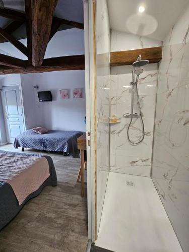 un baño con ducha y un dormitorio con cama en A la Gloriette, en Neuville-du-Poitou