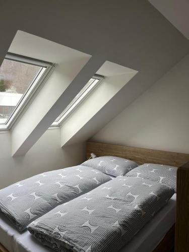 a bedroom with two skylights and a bed at Apartmany CityCentrum Trencin in Trenčín