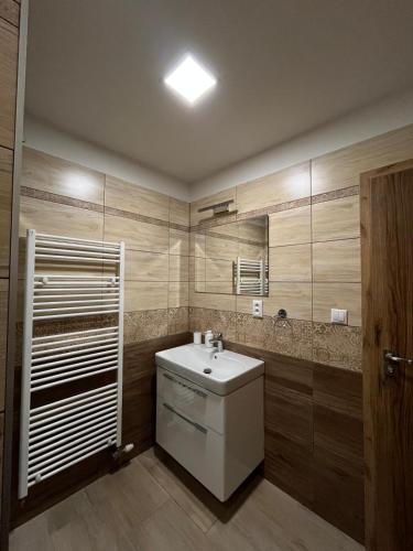a bathroom with a white sink and wooden walls at Apartmany CityCentrum Trencin in Trenčín