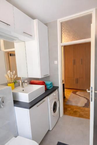 a white kitchen with a sink and a washing machine at Central Park Apartment in Čačak