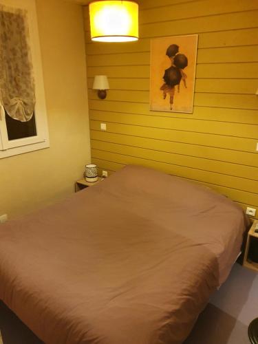 a bedroom with a bed in a yellow room at Appartement avec balcon et vue sur les montagnes in Bielle