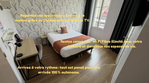 a room with a bed and a table and a window at Contact Hôtel les Platanes - Clim Mobile en Option in Villeneuve-sur-Lot