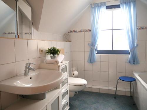 a bathroom with a sink and a toilet and a window at Hagebutte in Am Schwarzen Busch