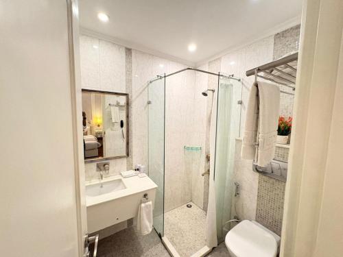 a bathroom with a shower and a sink and a toilet at Hotel Bright in New Delhi