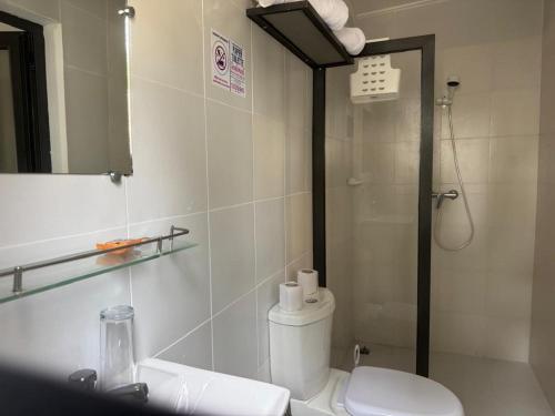 un bagno con doccia, WC e lavandino di Maison Mimosa a Grand-Bassam