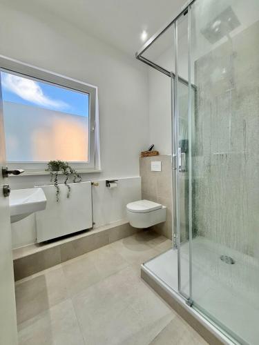 a bathroom with a glass shower and a toilet at Lichtdurchflutetes Design-Apartment U39-1 in Niederdorla