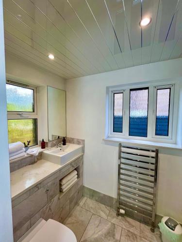 a bathroom with a sink and a toilet and two windows at Ravenswood Guest House in Stirling