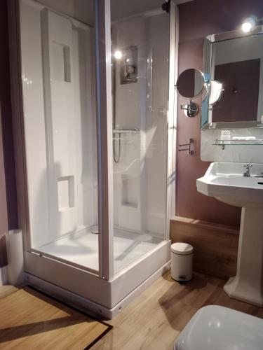 a bathroom with a shower and a sink at Chambre d'hôtes au manoir proche mer in Gamaches