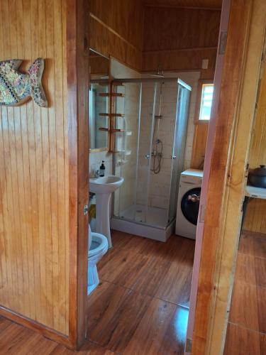 a bathroom with a toilet and a shower and a sink at Casa Campo in Lago Ranco