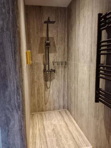 a shower in a bathroom with a cross on the wall at Chambre d'hôtes studio proche mer Mers-les-bains in Gamaches