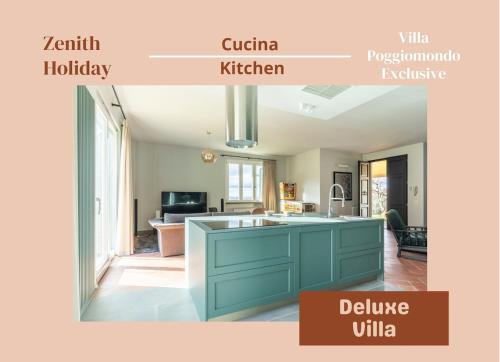 a kitchen with blue cabinets and a living room at Exclusive Villa - Sauna & Pool in Molinelli