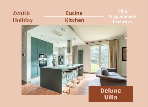 a kitchen with blue cabinets and a living room at Exclusive Villa - Sauna & Pool in Molinelli