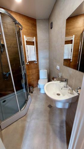 ein Badezimmer mit Waschbecken, Dusche und Toilette in der Unterkunft Falcon Hotel in Tbilisi City