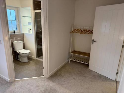 a bathroom with a toilet and a shower at Luxury 4BR Detached Exec Home in Cadzow