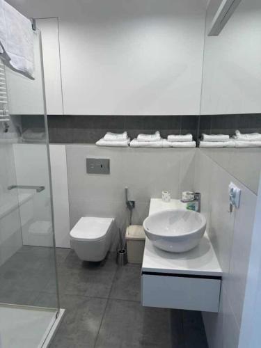 a white bathroom with a sink and a toilet at ABCD Apartments Centrum in Biała Podlaska
