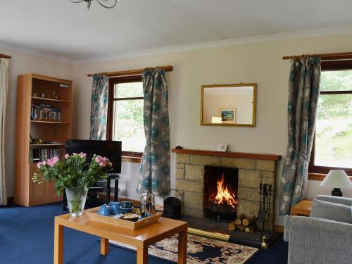 a living room with a fireplace and a couch at Bethany Cottage in Aberfoyle