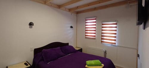 a bedroom with a purple bed and two windows at Turismo FORTALEZA PATAGONIA in Puerto Natales