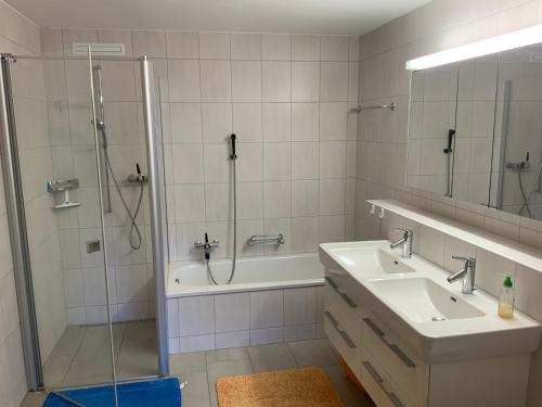 a bathroom with a shower and a sink and a tub at Appenzellerland Schöne Wohnung in einem Wandergebiet in Teufen