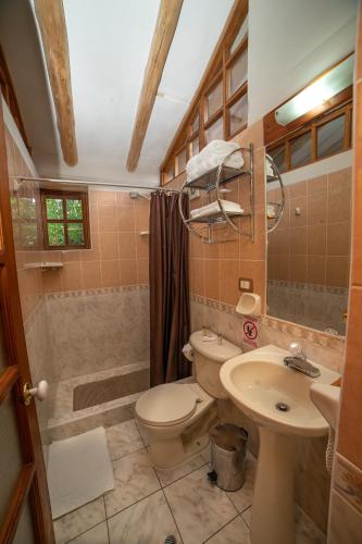 a bathroom with a toilet and a sink and a shower at IORANA HOTEL Urubamba in Urubamba