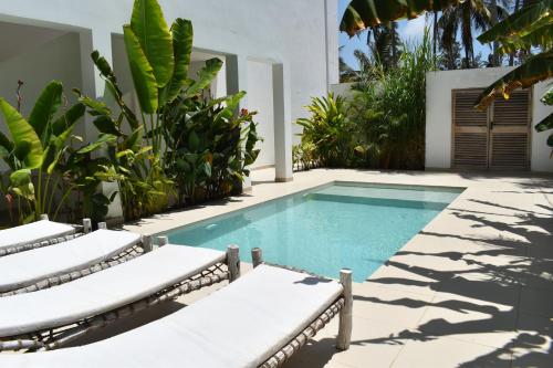 a swimming pool with two lounge chairs next to a house at Tremendo Beachfront Apartment in Kiwengwa