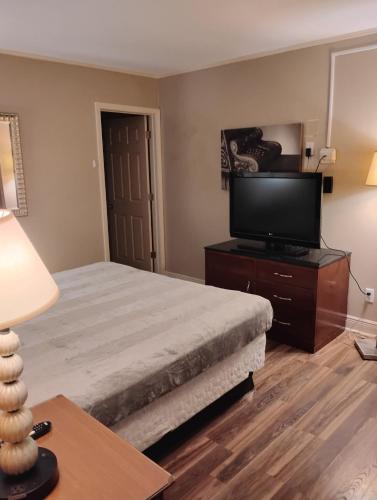 a bedroom with a bed and a flat screen tv at Gated 1 King Bedroom 1 Bath Apt with Full Kitchen 129 in Baton Rouge