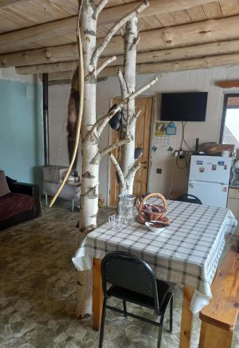 a table with a tree in the middle of a room at Tusheti Winter Home in Omalo