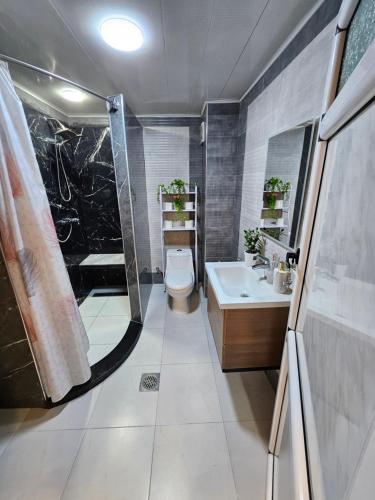 a bathroom with a toilet and a sink at Joli F3 in Dar el Beïda
