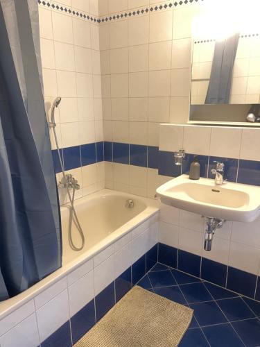 a bathroom with a sink and a tub and a mirror at Rivellino Guesthouse app 2 in Locarno