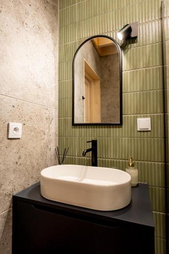 a bathroom with a white sink and a mirror at Polna 31 in Olsztyn