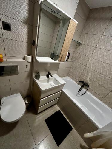 a bathroom with a sink and a tub and a toilet at Bliss Home 2 by RentALL in Gheorgheni