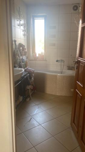 a bathroom with a tub and a sink at Chromiczówka in Chojna
