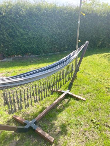 a hammock on the grass in a field at Chromiczówka in Chojna