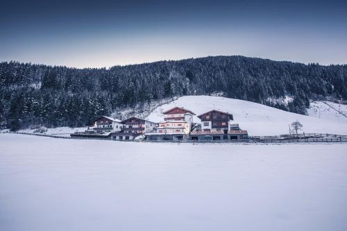 a group of houses on the shore of a lake at Art-Apartments Kartnaller superior in Neustift im Stubaital