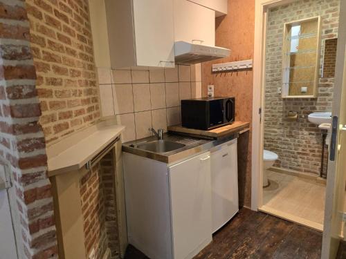 a small kitchen with a sink and a microwave at Schijnpoort in Antwerp